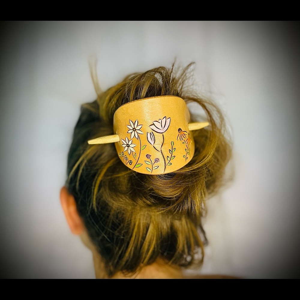 Leather hair barrette, hair clip with stick, hair slide - Picture 4 of 5